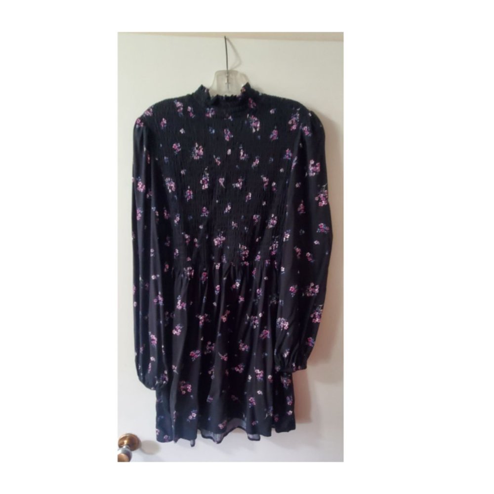 High Neck Black and Flowers Short Dress